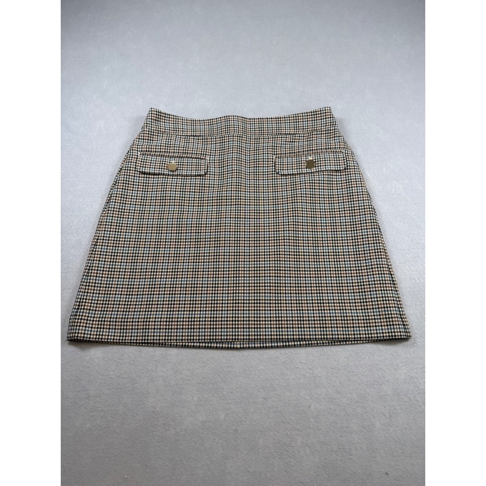 Loft Womens Plaid A-Line Mini Skirt Brown Blue Faux Flap Pockets Gold Tone